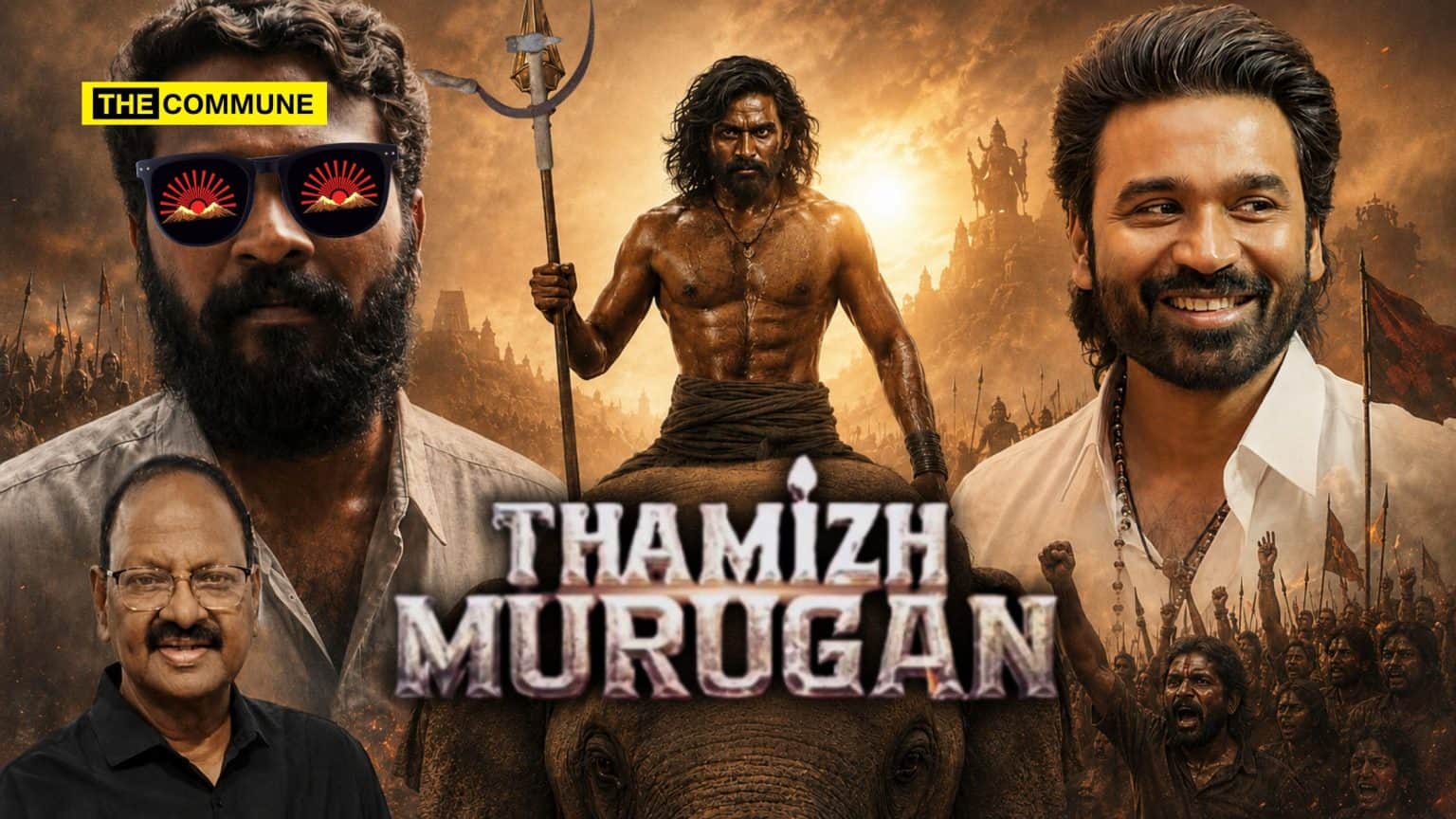 Collage of four men, including a trident-bearing warrior on an elephant, with the title "THAMIZH MURUGAN."