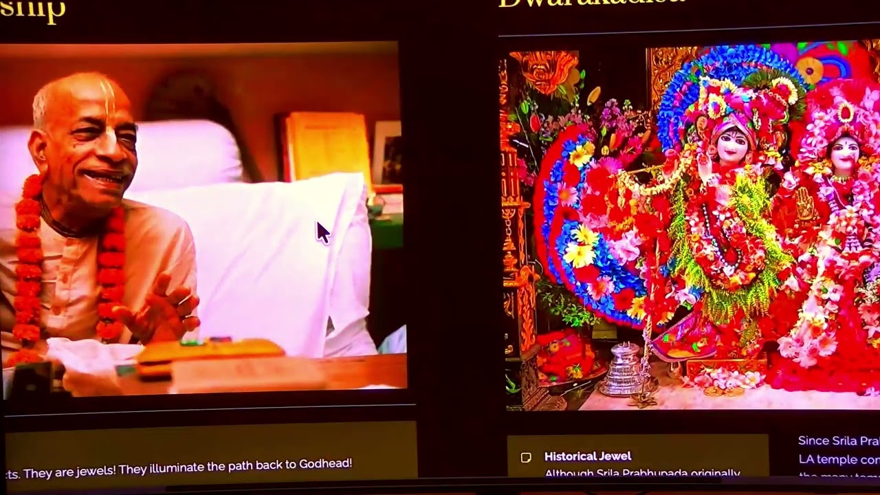 Presentation slide showing a smiling garlanded man beside an ornate flower-covered shrine display.