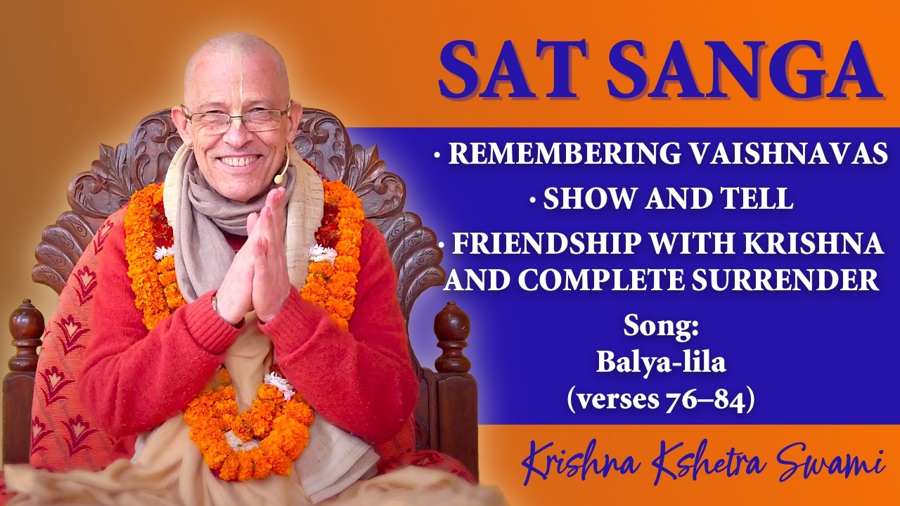 Smiling garlanded man with folded hands beside Sat Sanga text listing devotional topics and a song.
