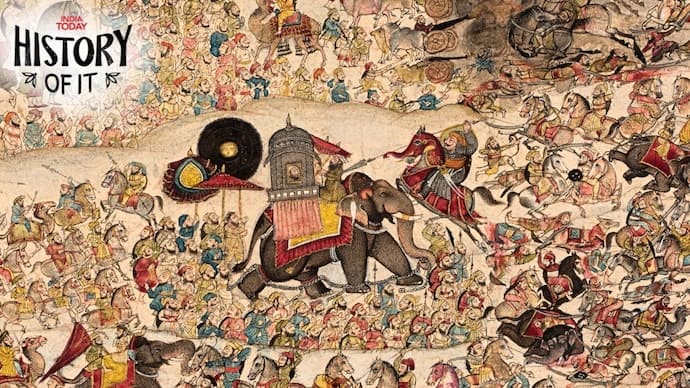 Dense battle illustration with an armored elephant amid mounted warriors, archers and foot soldiers, with a title at left.