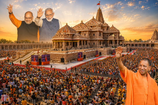 Composite of three waving men above an ornate temple and a vast crowd gathered in the surrounding plaza at sunset.