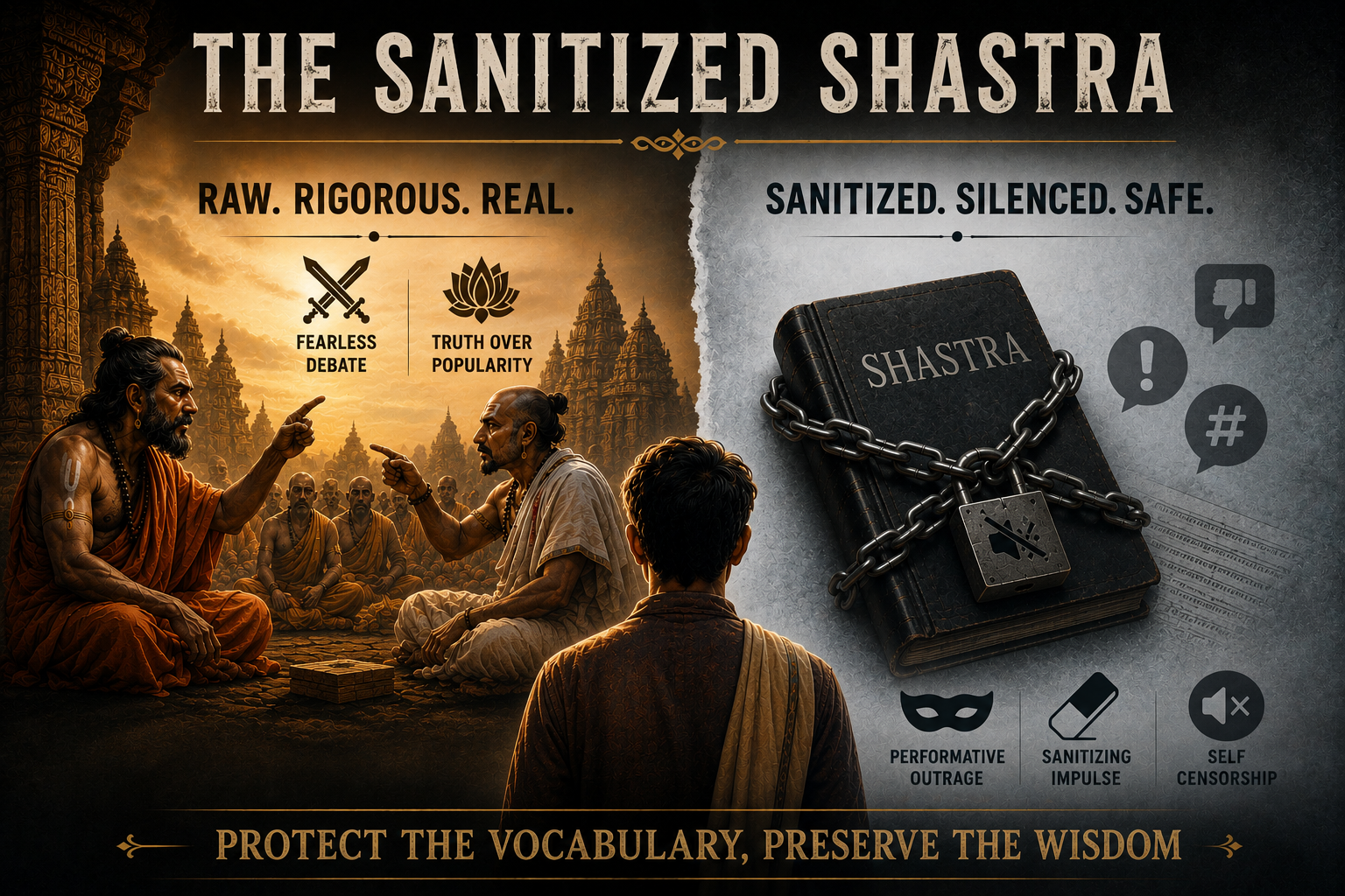 Split poster of temple debaters opposite a chained book labeled Shastra, titled The Sanitized Shastra.