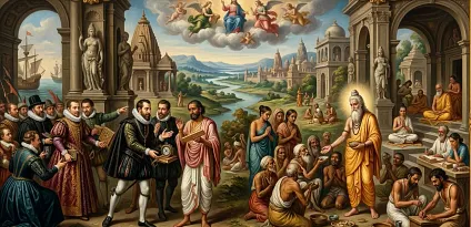 Painted panorama of European visitors and robed Indian figures gathered among temples, arches and seated villagers