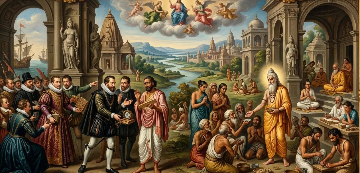 Painted panorama of robed teachers and followers, ornate visitors, temples, a river, ships, and figures in the clouds.