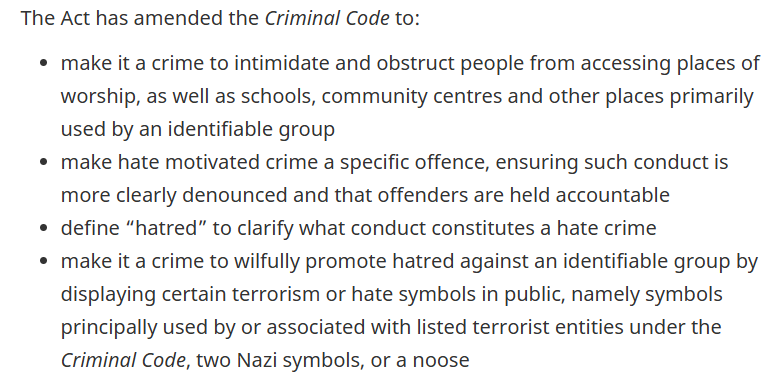 Bullet list of Criminal Code amendments covering access obstruction, hate crimes, hatred, and public hate symbols.