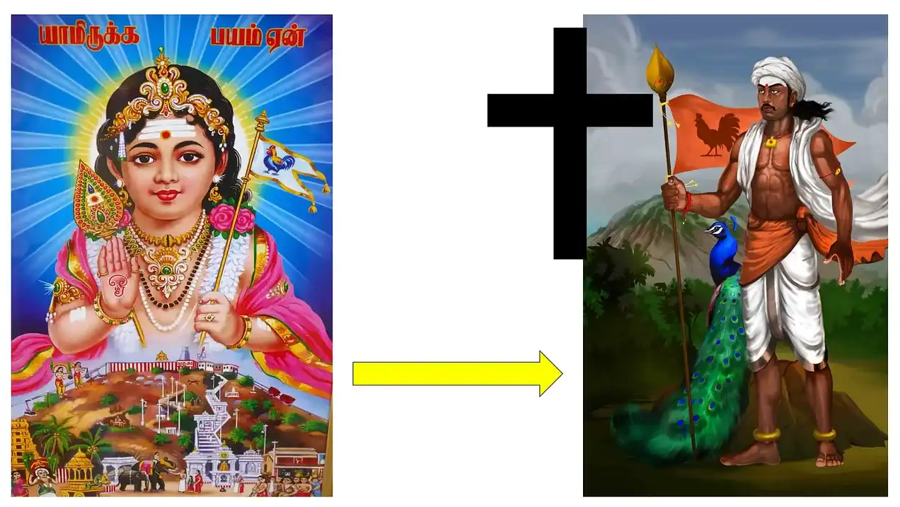 Devotional figure beside a spear-bearing man with a peacock, linked by a plus sign and arrow.