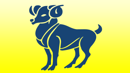 Dark blue silhouette of a stylized horned ram standing against a bright yellow gradient background.