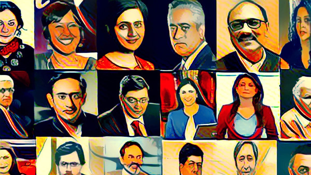 Colorful stylized collage of men and women in individual portrait panels arranged in a grid.
