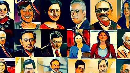 Colorful painted collage of men and women arranged in rows of rectangular portrait panels.