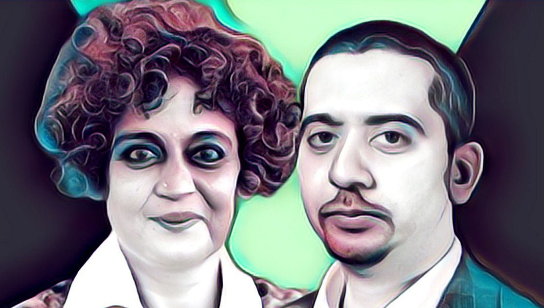 Stylized close-up portrait of two adults, one with curly hair and one with short hair and a mustache, against green.