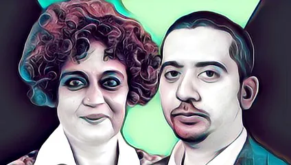 Stylized close-up portraits of two adults against mint-green and dark-purple shapes