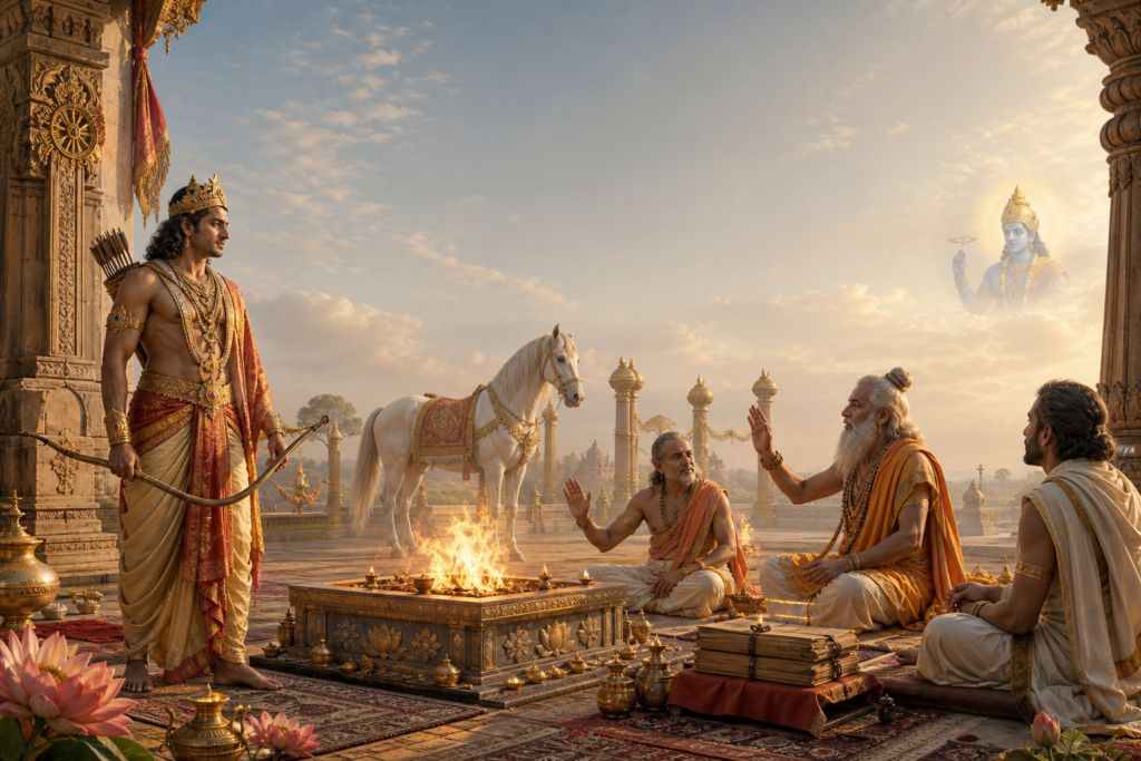 Vedic king lowers his bow as priests counsel him beside a sacred yajna fire and white horse.