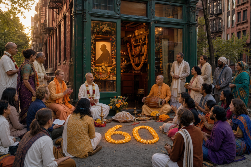 Devotees gather outside a historic Lower East Side storefront for a Krishna devotional 60th anniversary celebration.