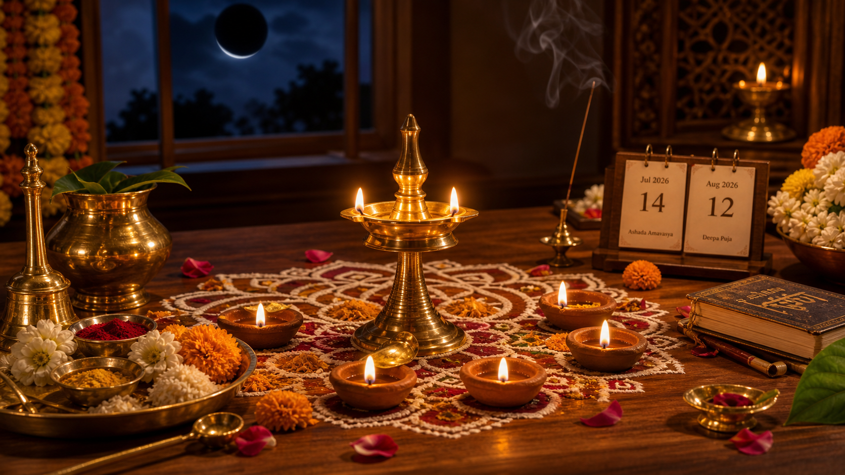 Deepa Puja altar with brass and clay diyas glowing on Ashada Amavasya night
