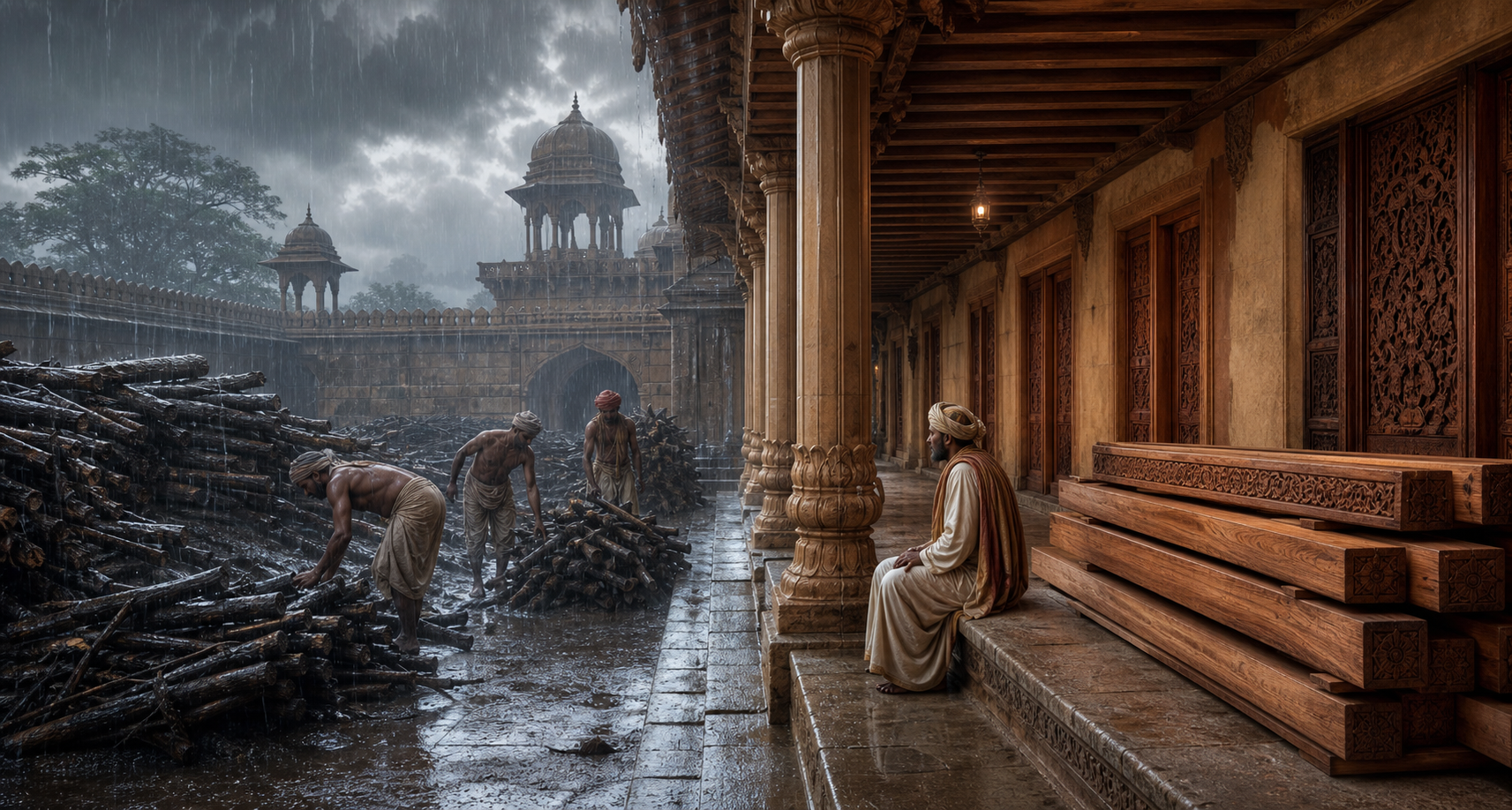 Wet firewood lies in a palace yard while dry carved sandalwood remains sheltered in the surrounding corridor.