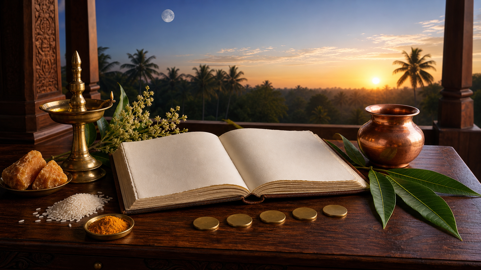 An open blank almanac, five brass tokens, an oil lamp and Ugadi ingredients rest on a teak desk at sunrise.
