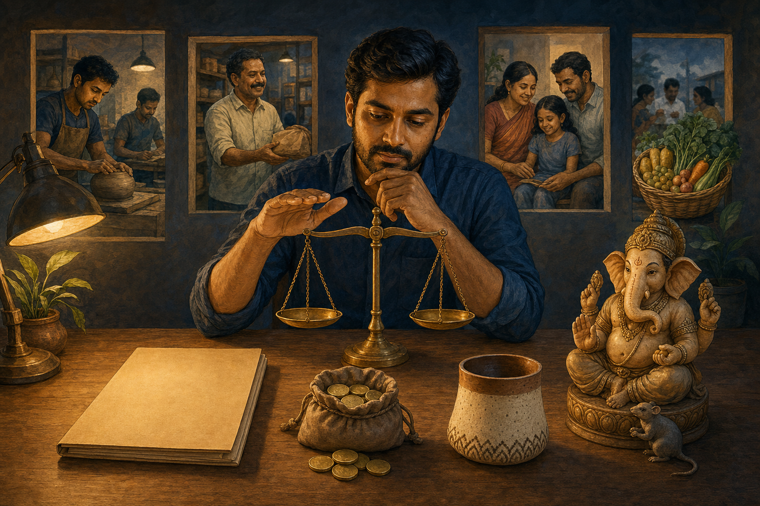 A business owner pauses over scales, coins, a blank contract folder, and a product beside a small Ganesha statue, with workers and family visible behind.