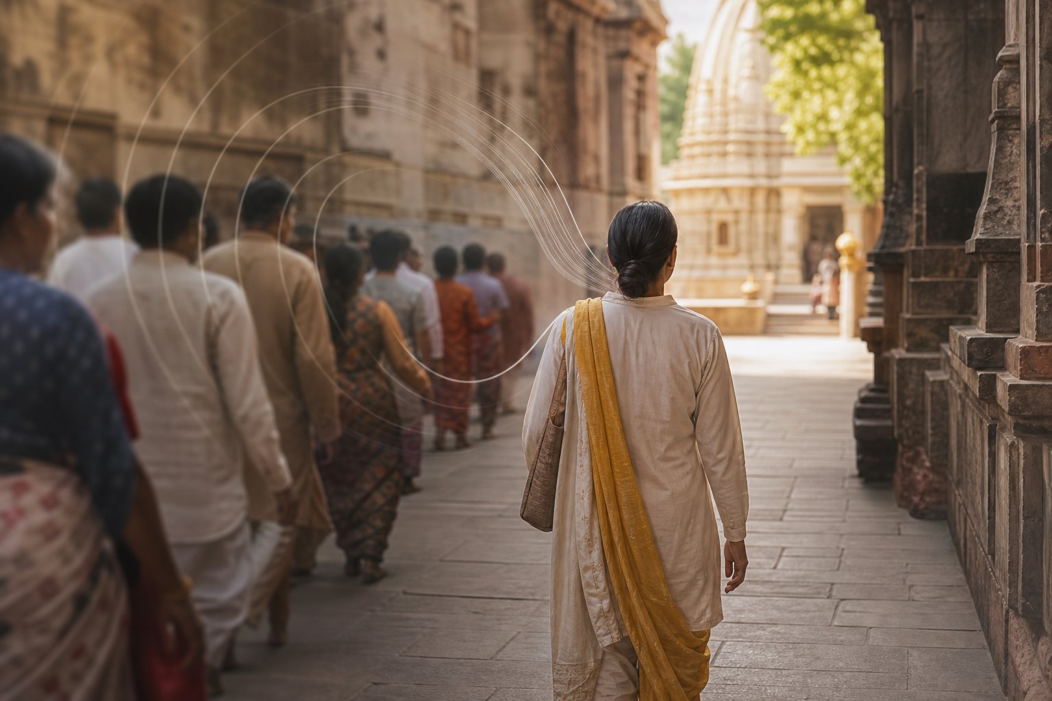 A devotee continues toward a bright exit as subtle sound-like ripples emerge from an indistinct crowd behind.