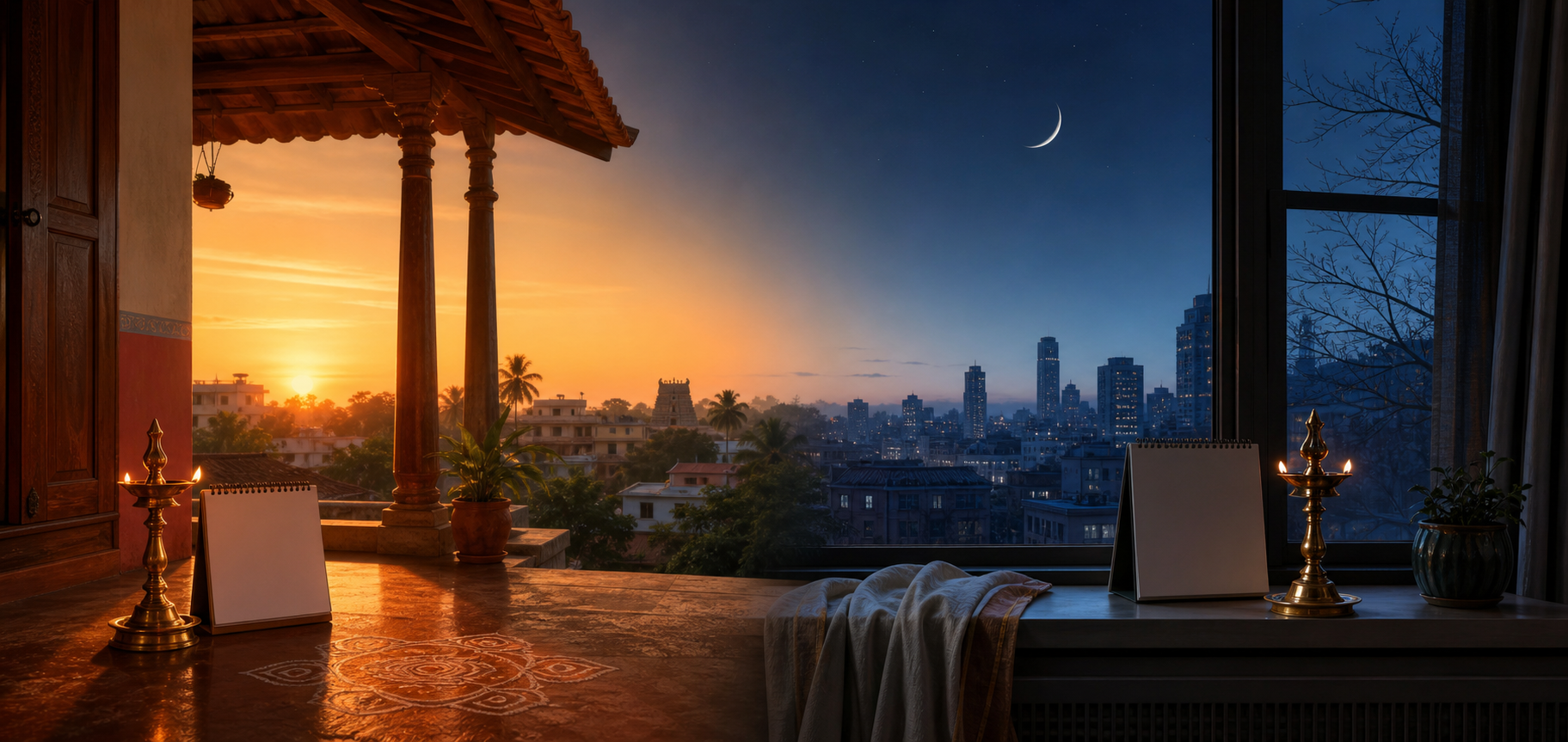 A South Indian veranda at sunrise and a North American apartment before dawn show the same ritual objects under different local skies.