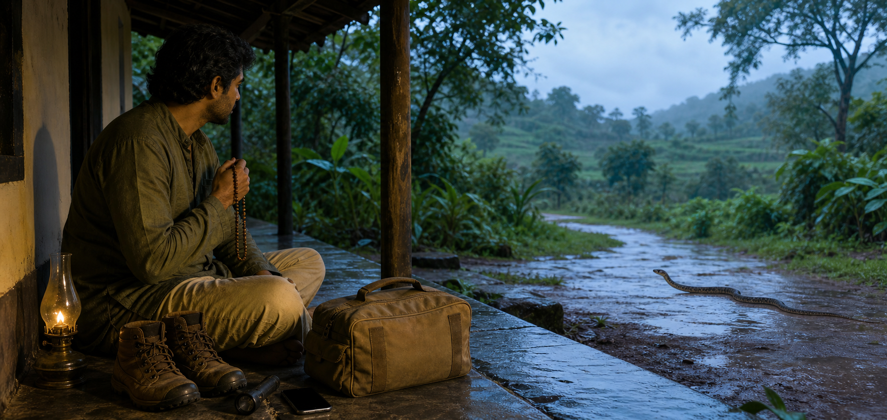 A person holding wooden prayer beads watches a snake cross wet ground from the safety of a veranda, with boots, a flashlight, a phone, and a medical bag nearby.