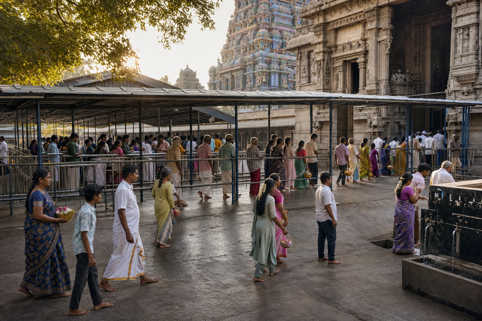 Barefoot pilgrims wait in shaded queue lanes outside a South Indian temple in the early morning.