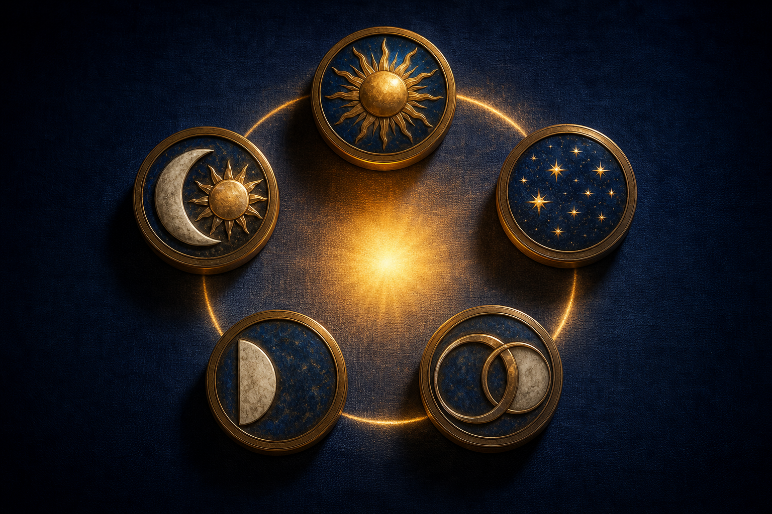 Five circular objects with sun, moon, star and celestial motifs surround a central area of sunrise light.