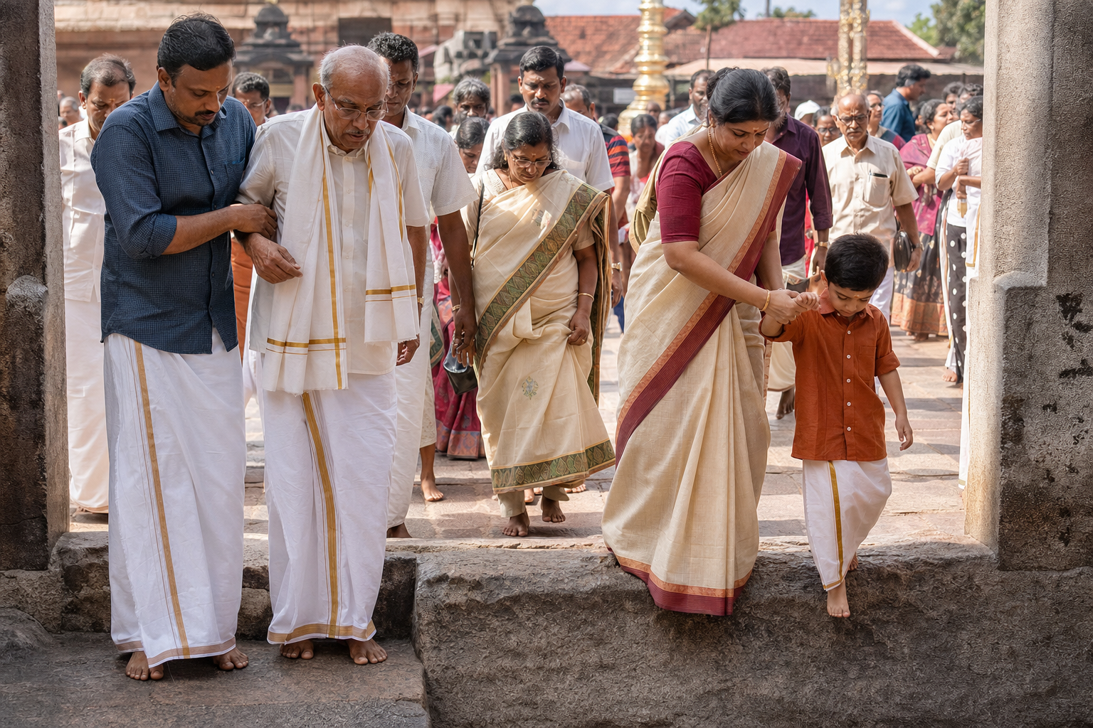 Devotees help an older companion and guide a child safely across an uneven temple threshold while moving forward together.