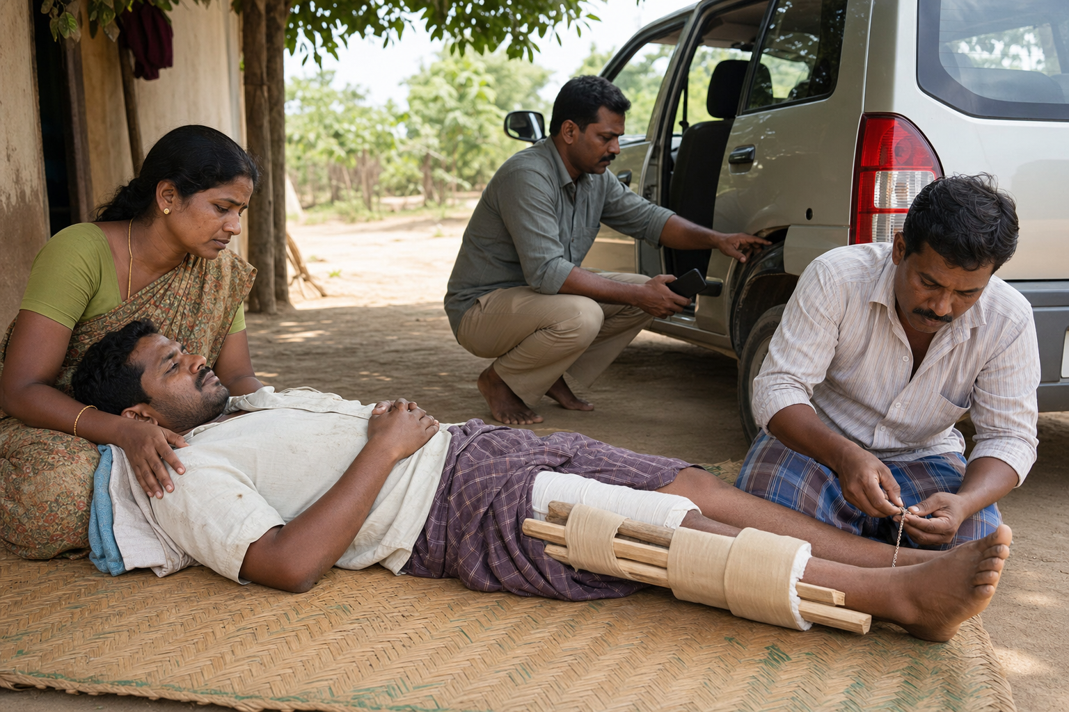 Helpers keep a suspected snake-bite patient still, support the affected leg, remove an anklet, and arrange transport to medical care.