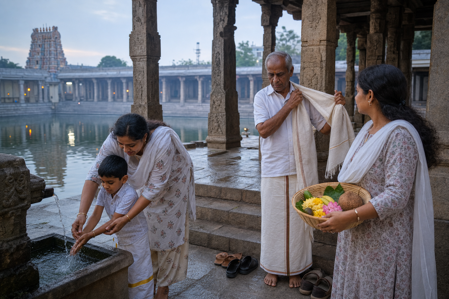 A family washes their hands and arranges a flower offering beside a South Indian temple tank before worship.