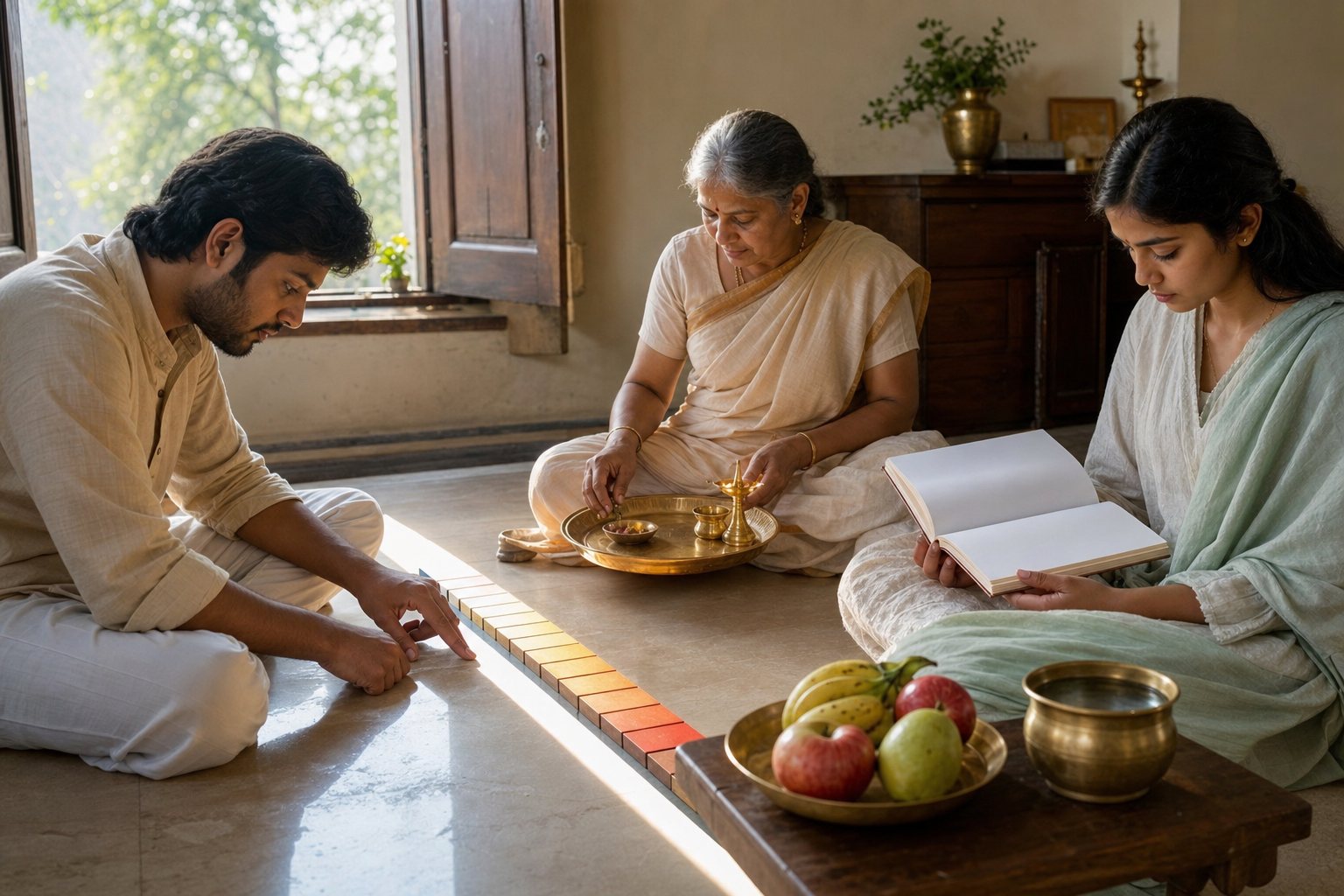 Three family members compare two blank almanacs and observe the dawn light beside a prepared brass worship tray.