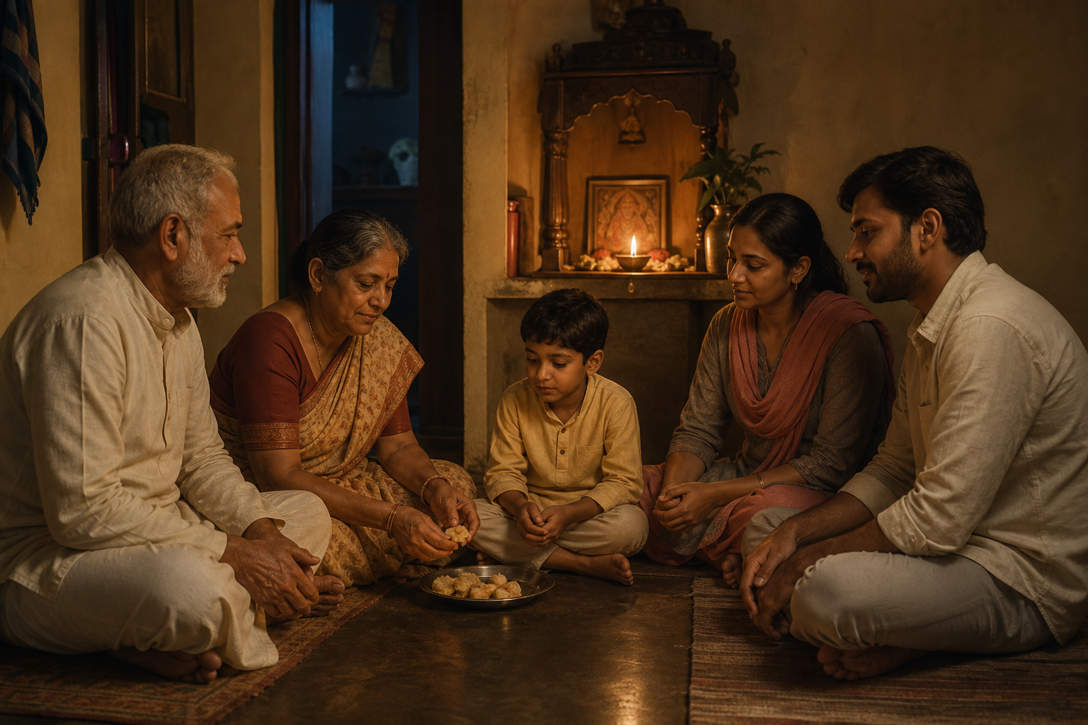A family gathers peacefully beside a small home shrine and oil lamp after returning from pilgrimage.