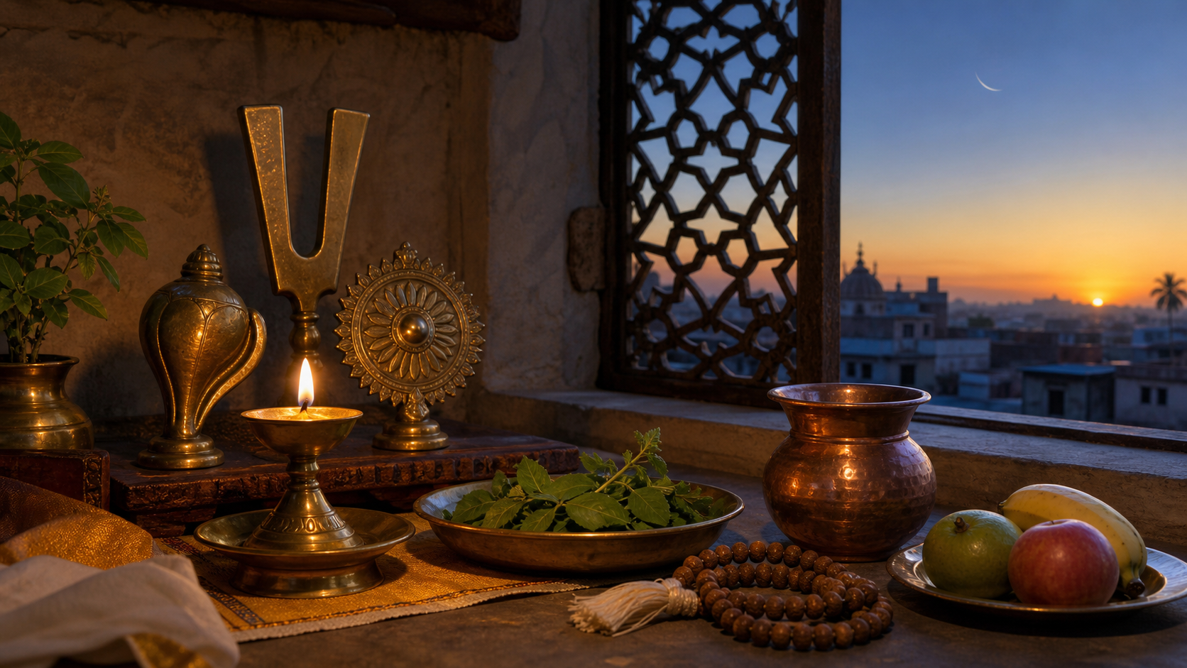 A dawn home shrine with a glowing brass lamp, tulsi leaves, prayer beads, fruit and a copper water vessel beside an open window.