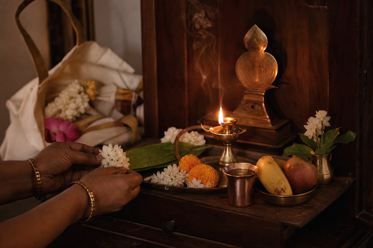Hands place fresh flowers beside a brass lamp and simple offerings on a home puja shelf.