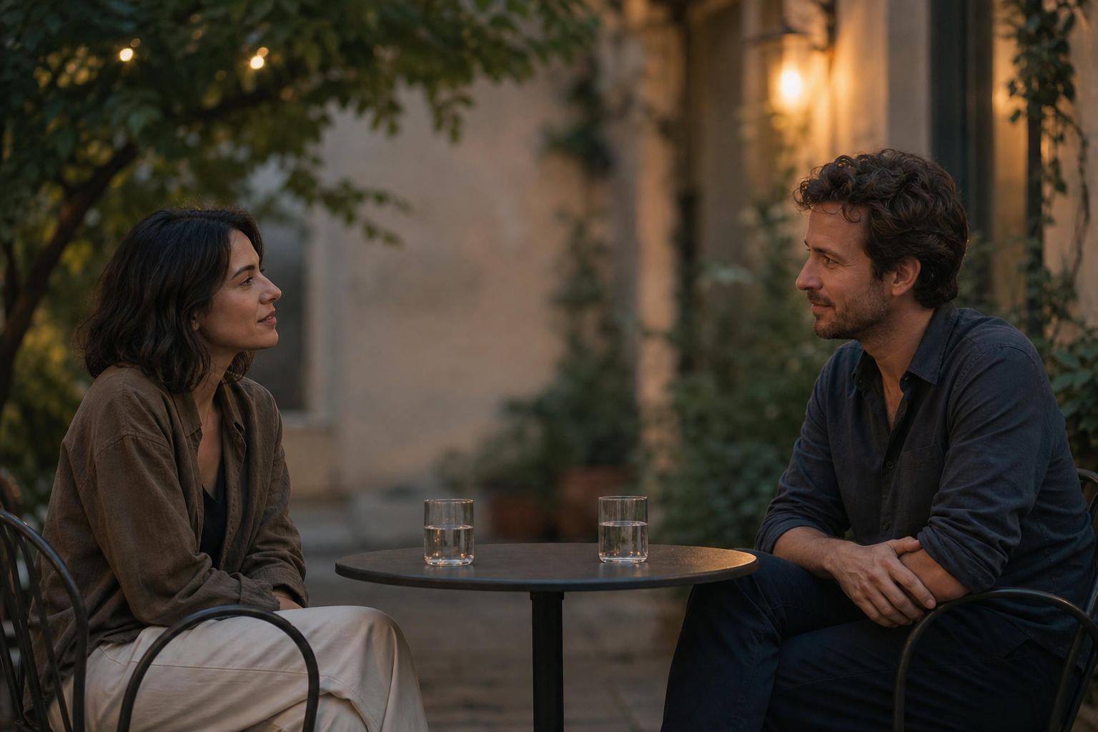 Two adults sit across from each other at an outdoor cafe, listening attentively with open space between them.