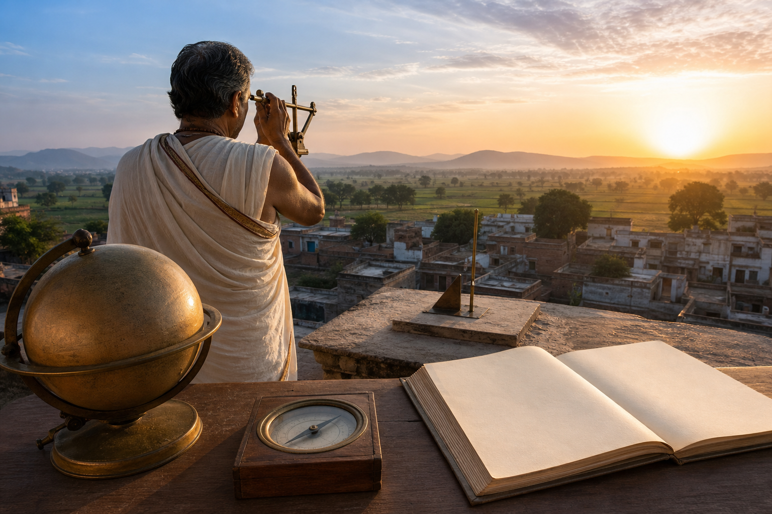 An observer on a rooftop at sunrise with a gnomon, brass sighting instrument, unlabeled globe and blank almanac.