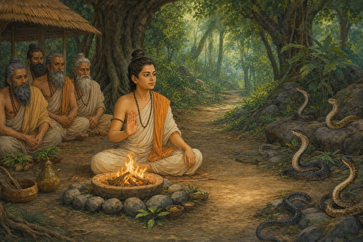 A youthful sage raises an open hand beside a ceremonial fire as unharmed serpents rest near a forest hermitage.