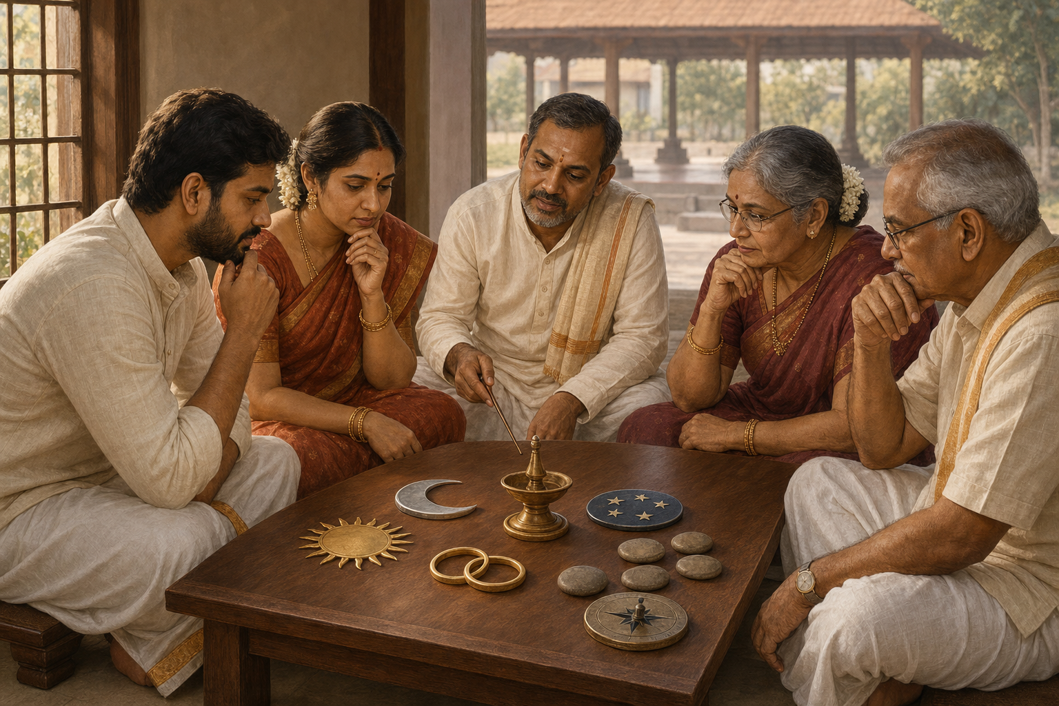 A couple, family elders and a calendar reader weigh several celestial and practical tokens before a ceremonial lamp.