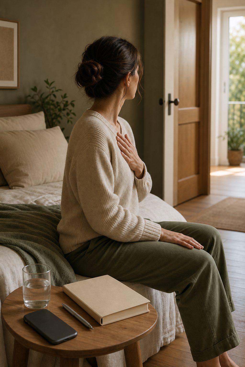 An adult pauses with one hand over the heart beside a closed journal, a glass of water, and a face-down phone before leaving home.