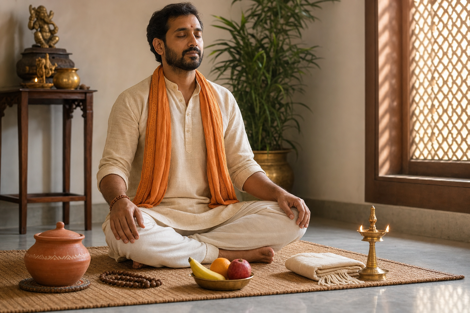 A devotee meditates calmly on a woven mat beside prayer beads, fruit, a clay water pot and a small brass lamp.