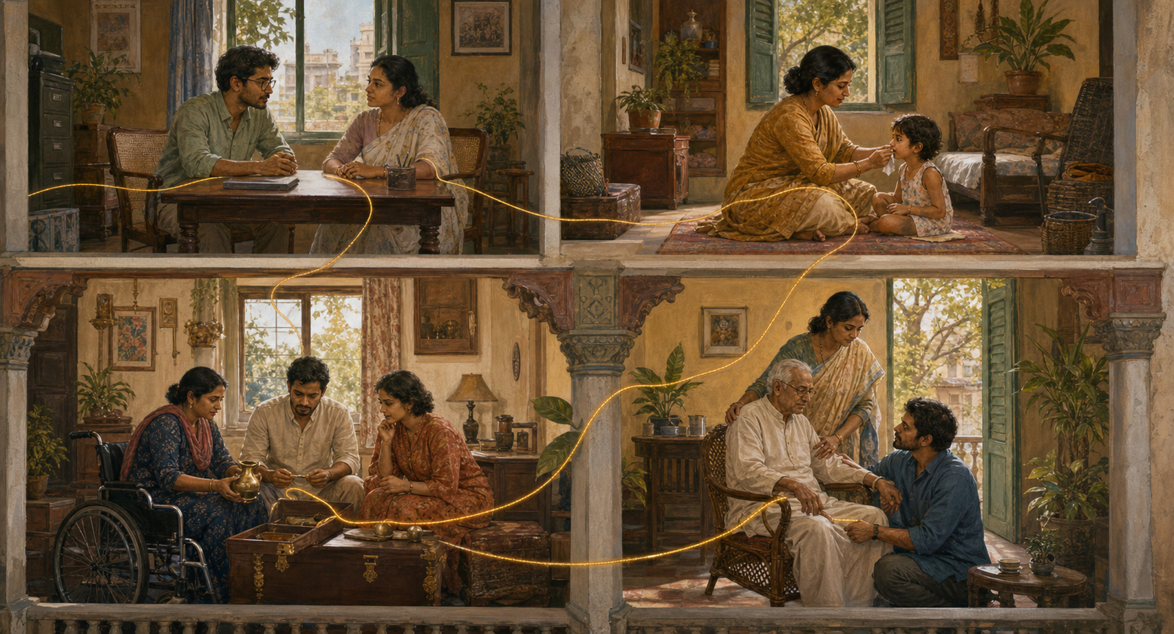 A cutaway illustration shows several diverse Bengal households connected by a golden thread as they face marriage, caregiving, inheritance, and elder-support situations.