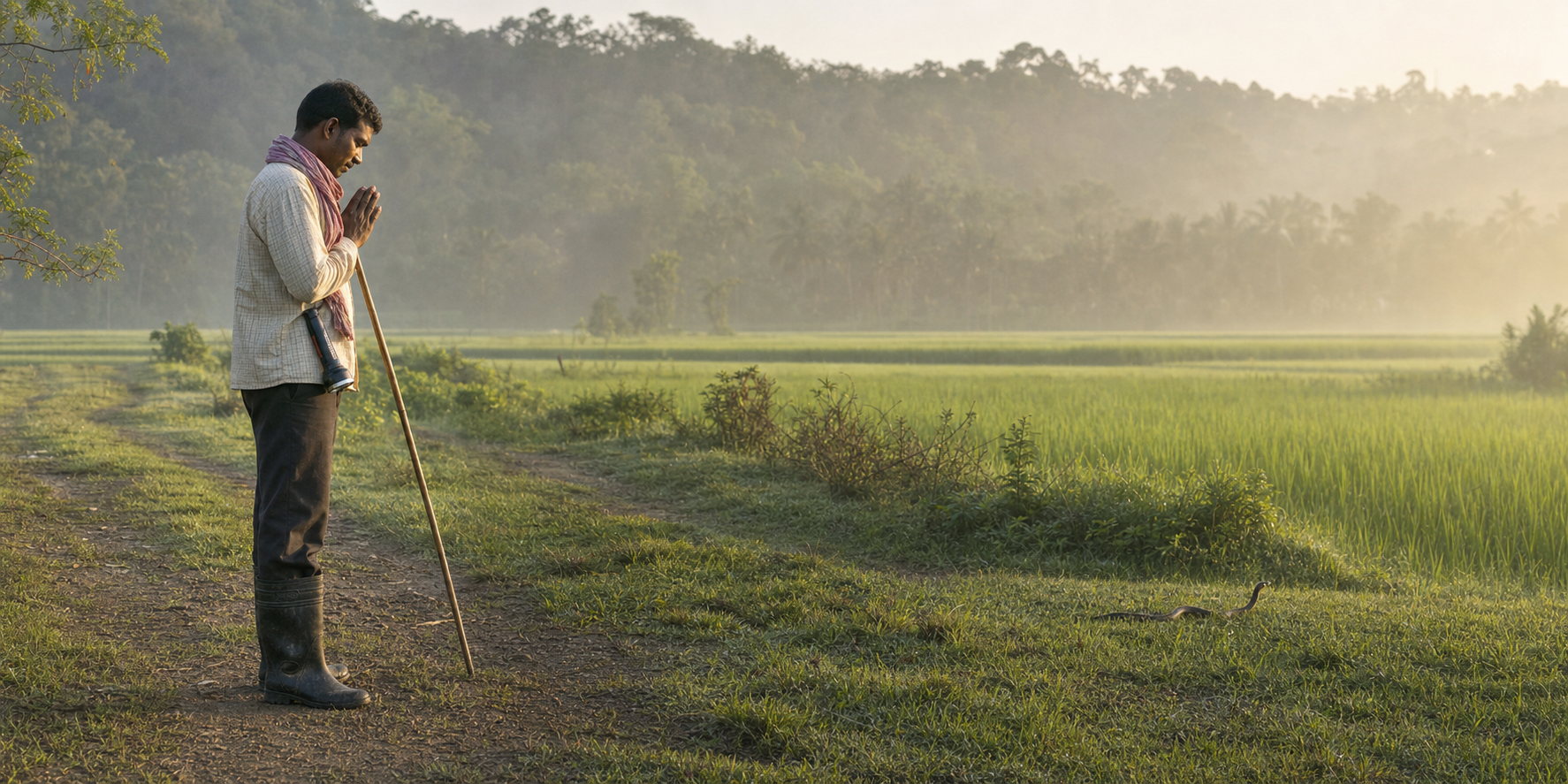 A farm worker in closed footwear pauses at the edge of a wet field while a distant snake moves away along the path.