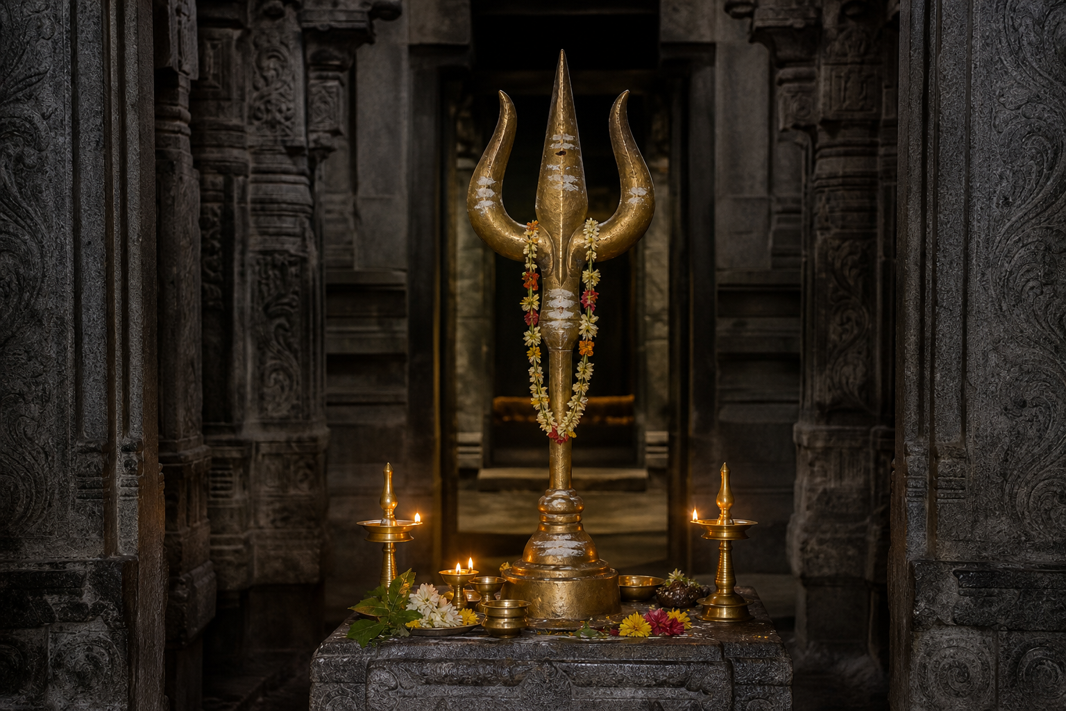 A garlanded metal trishula stands on a ritual pedestal with oil lamps and offerings inside a granite temple shrine.