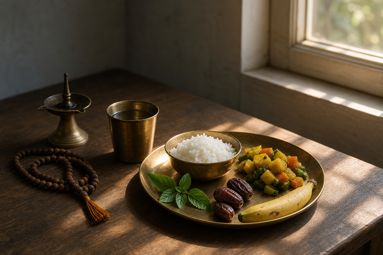 A simple parana meal of rice, vegetables, fruit and water arranged beside tulsi leaves and prayer beads in morning light.