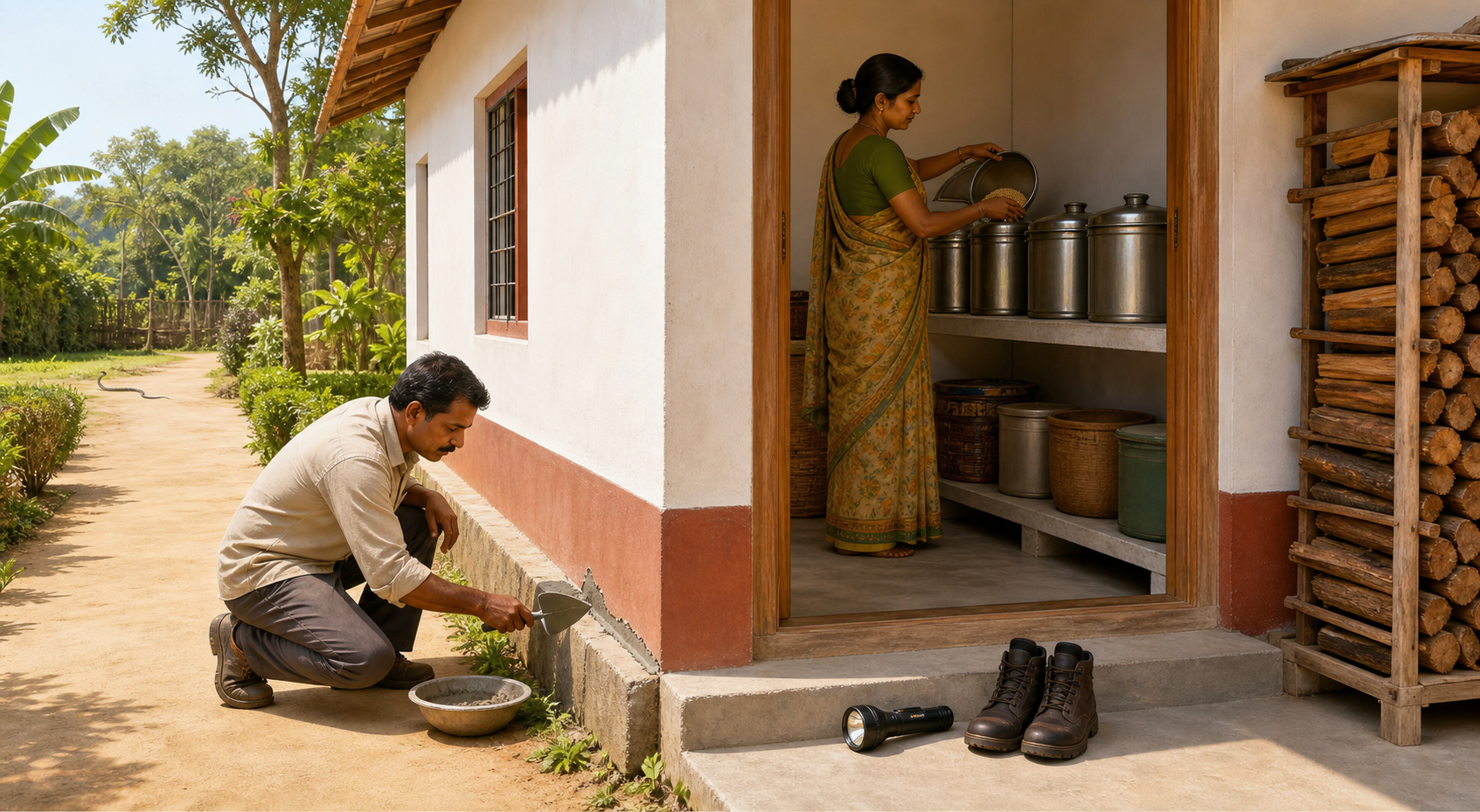 Two adults seal a wall gap and store grain in closed raised containers while a snake retreats at the far edge of a tidy yard.