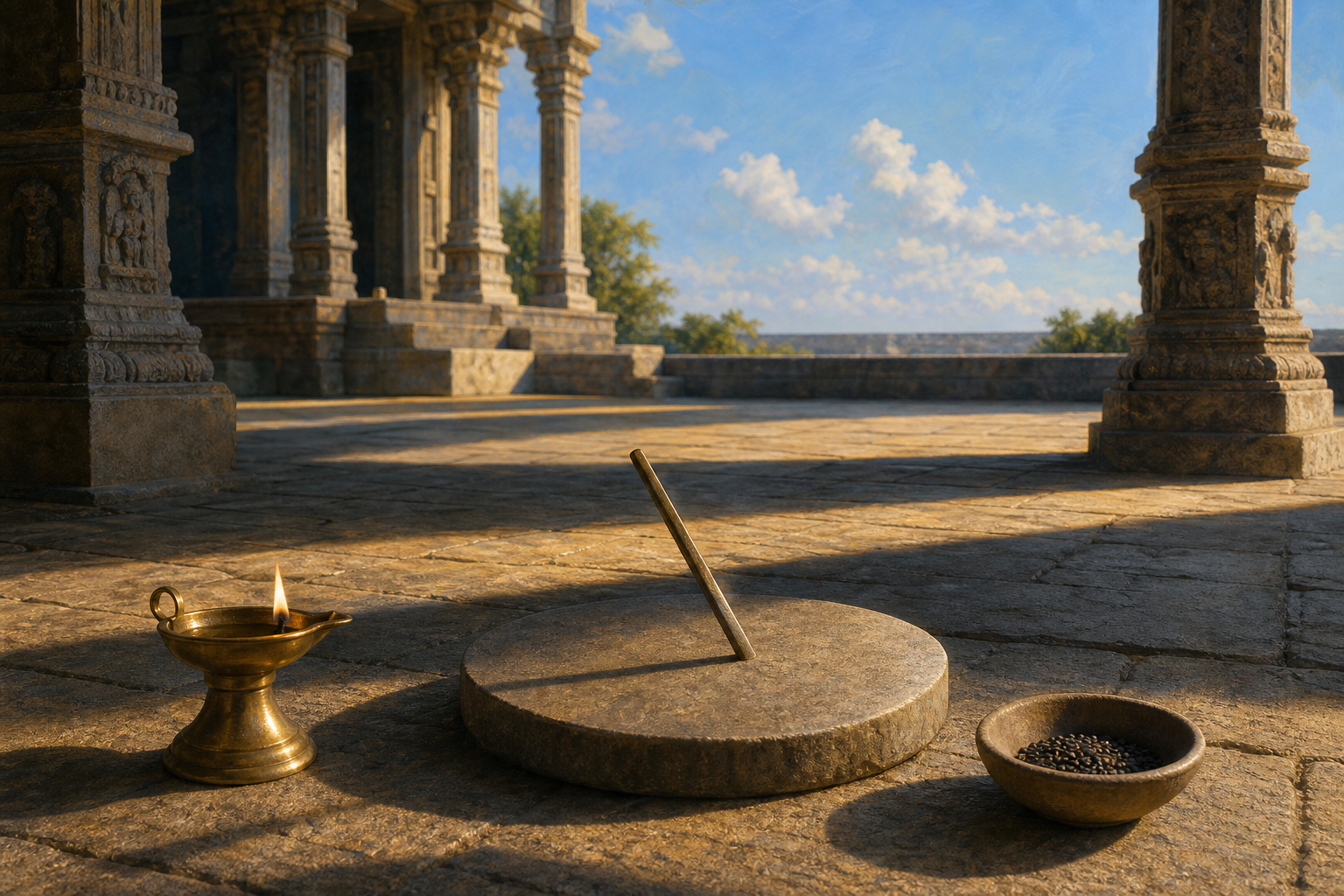 Sunlight and shadow cross a stone temple courtyard beside a brass lamp, an unmarked sundial and a bowl of sesame seeds.