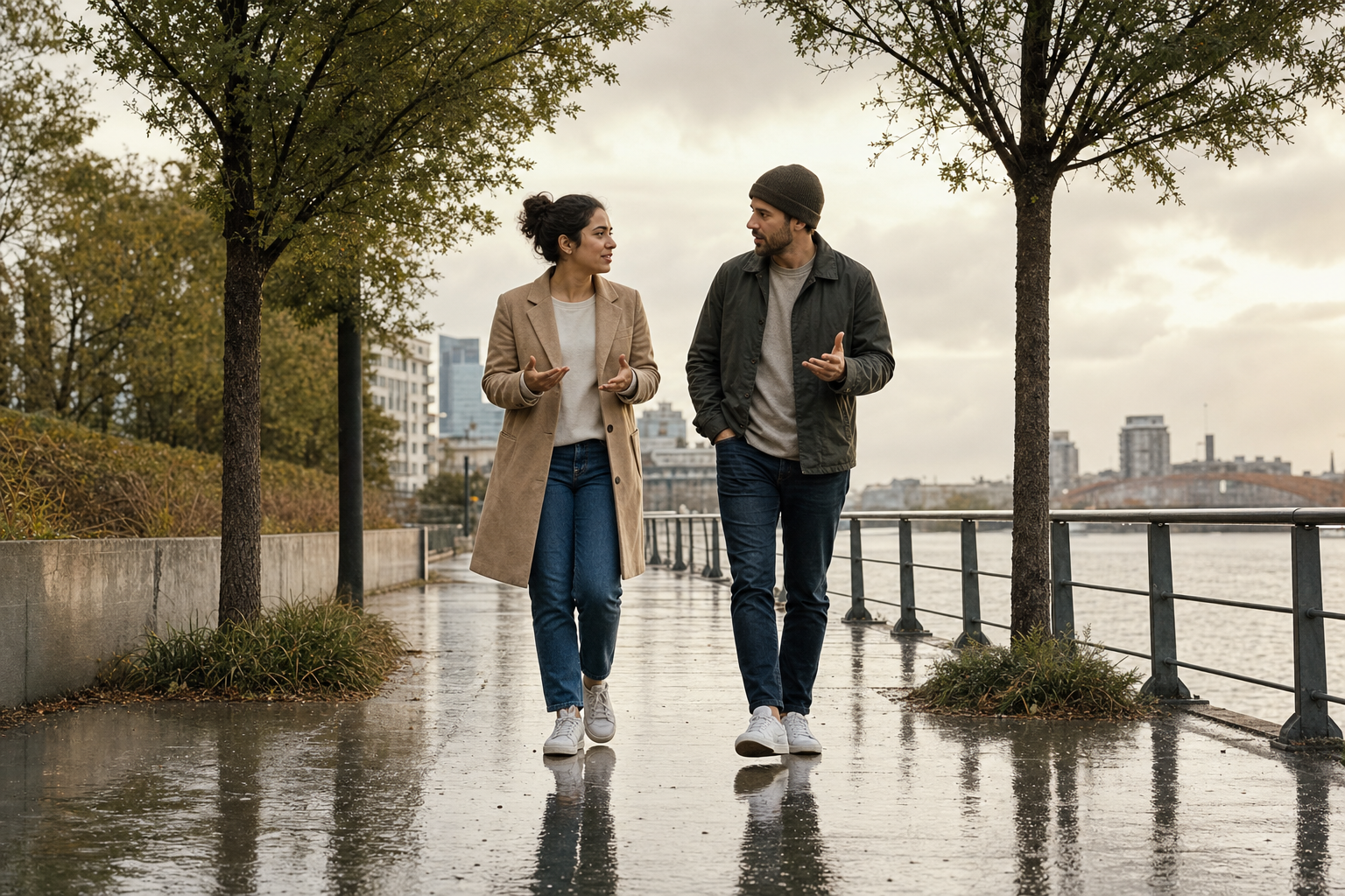 Two adults walk at the same pace on a wet riverside path, turning toward each other in conversation.