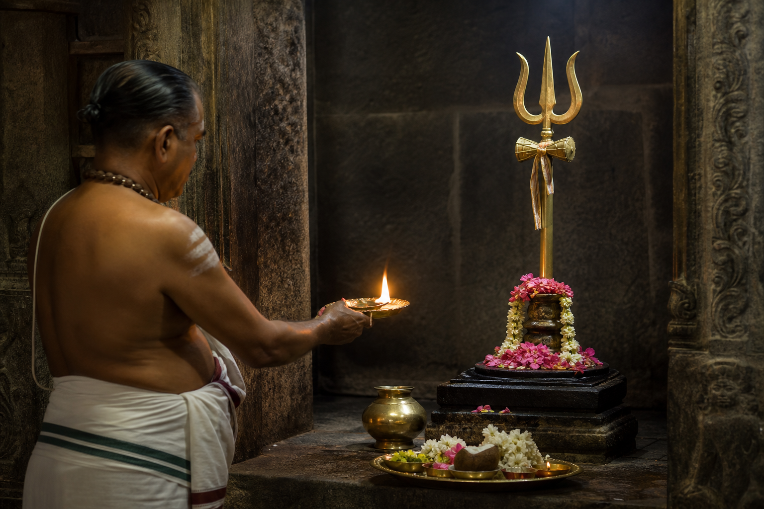 A temple priest offers a lit oil lamp before a trishula installed on a shrine pedestal with flowers and brass ritual vessels.