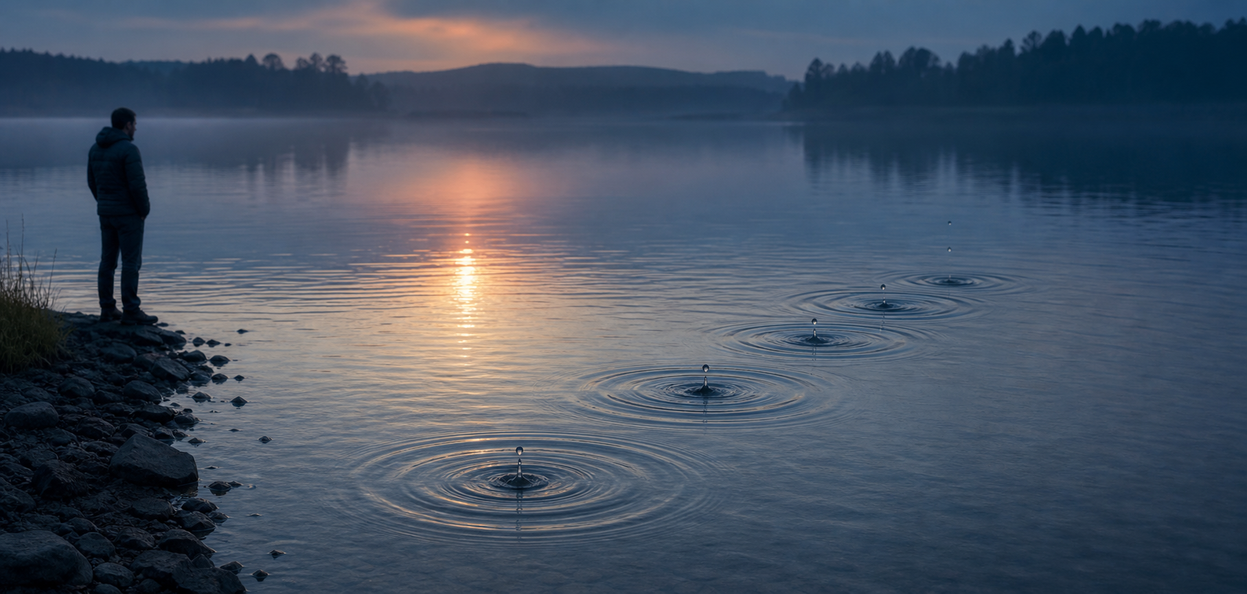 A person watches several repeating ripples spread across a calm lake beneath a brief reflection of sunset light.