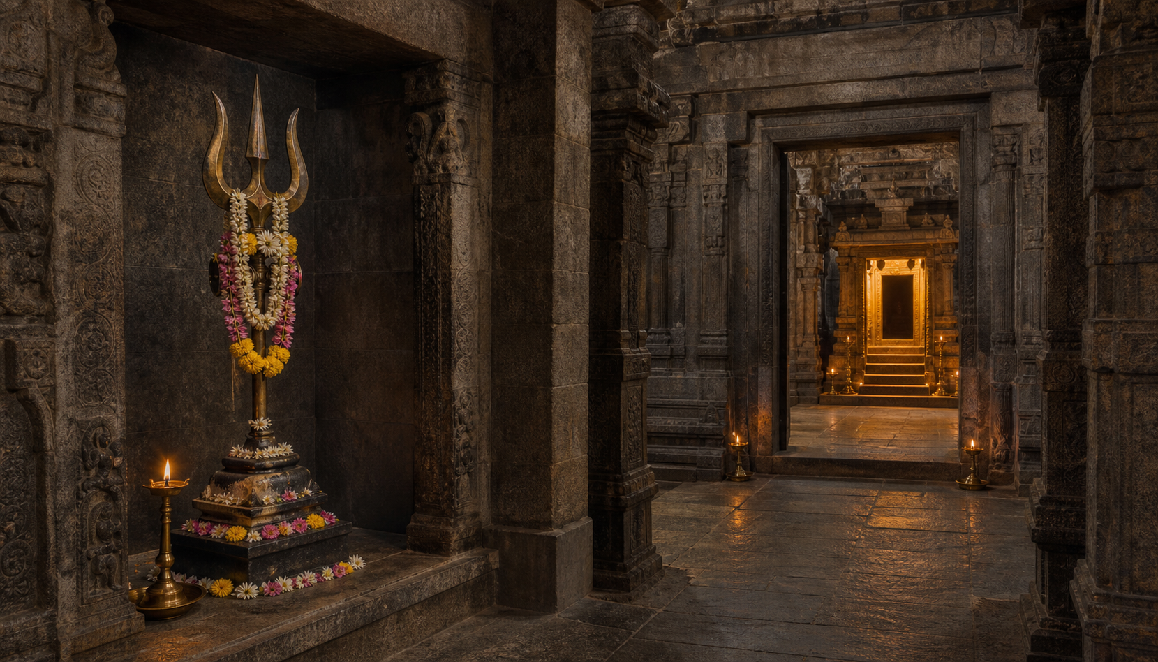 A trishula in a small subsidiary shrine is shown within the same temple complex as the illuminated entrance to Shiva's main sanctum.