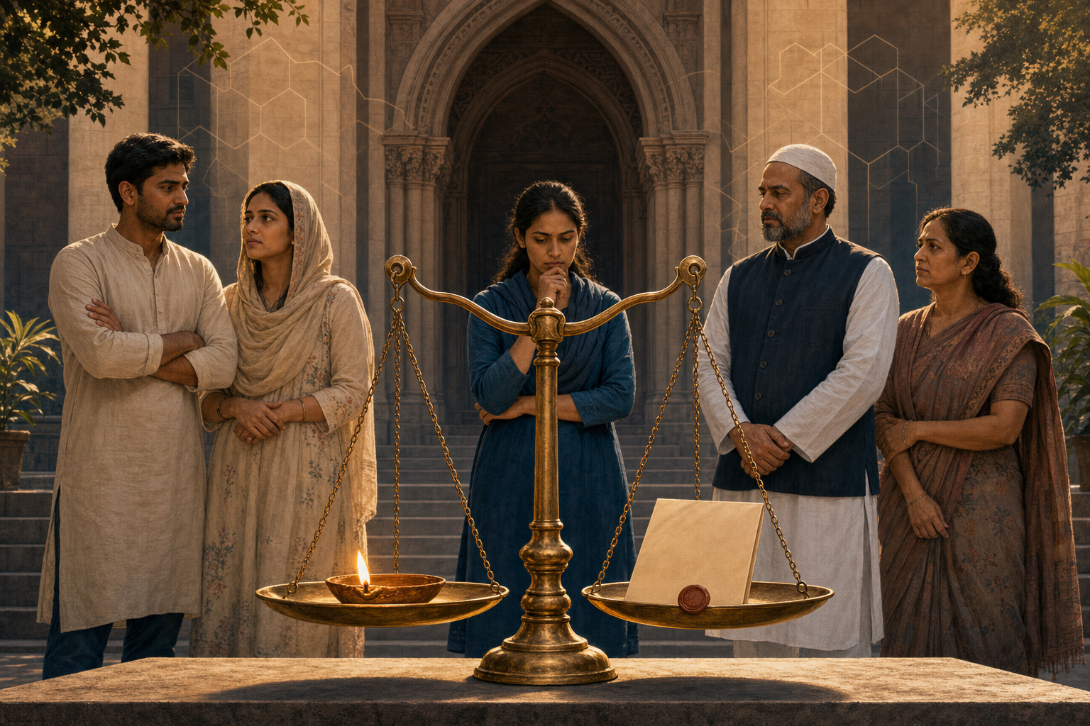 A brass balance scale holds a glowing oil lamp and a sealed legal document while a diverse group of adults stands outside a courthouse.
